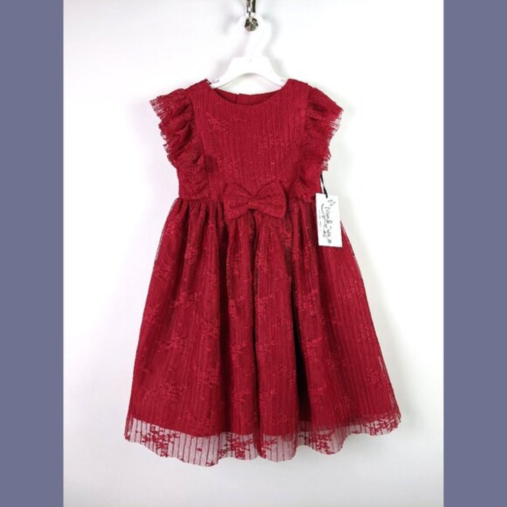 Pippa & Julie Girls Size 6X Burgundy Lace Tulle Dress Ruffle Sleeves Bow Holiday